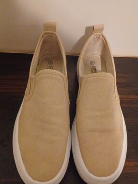Beige Slip-On Canvas Sneakers with White Sole